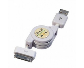 Кабель-рулетка, 0,75 м., USB кабель с автоматическим сматыванием, для Apple 30pin (Iphone 4), белый