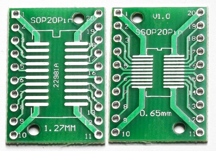 Плата-адаптер (переходник) SOP-20/SSOP-20/TSSOP-20 на DIP-20 0.65/1.27 мм, Двухсторонняя печатная плата с разводкой - изображение 1