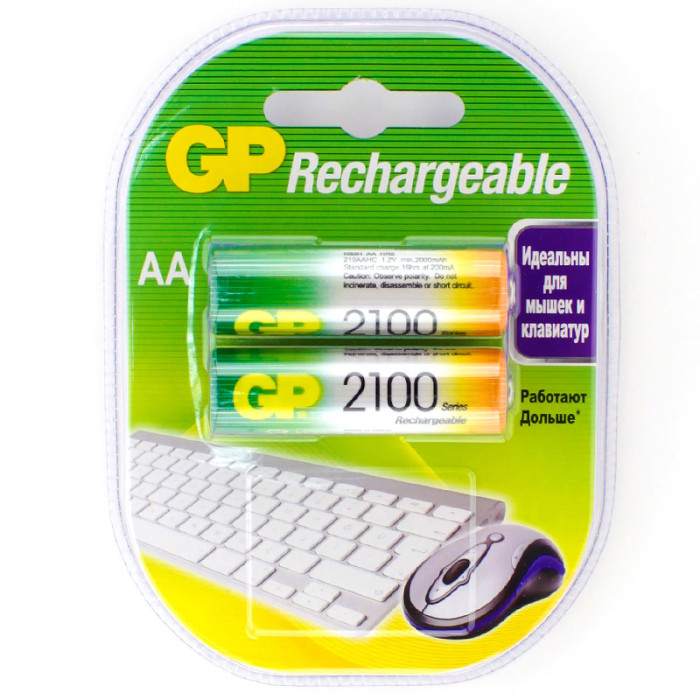 Аккумуляторы AA (пальчиковые), GP Rechargeable (NiMH BL2) 1.2В, 2100 мАч, (2 шт. в блистере) - изображение 1