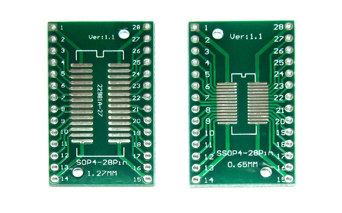 Плата-адаптер (переходник) SOP-28/SSOP-28/TSSOP-28 на DIP-28 0.65/1.27 мм, Двухсторонняя печатная плата с разводкой - изображение 1