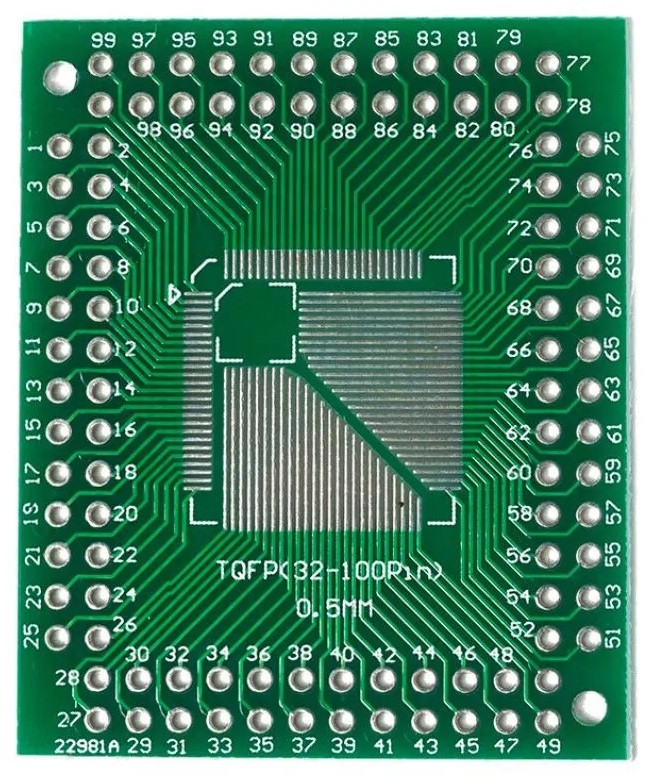 Плата-адаптер (переходник) QFP/FQFP/TQFP/LQFP 32-64-100Pin на DIP 0.5-0.8/1.27 мм, Двухсторонняя печатная плата с разводкой - изображение 1
