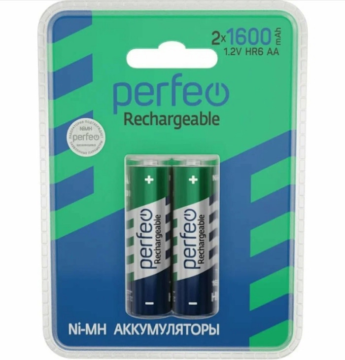 Аккумуляторы AA (пальчиковые), Perfeo Rechargeable (NiMH BL2) 1.2В, 1600 мАч, (2 шт. в блистере) - изображение 1